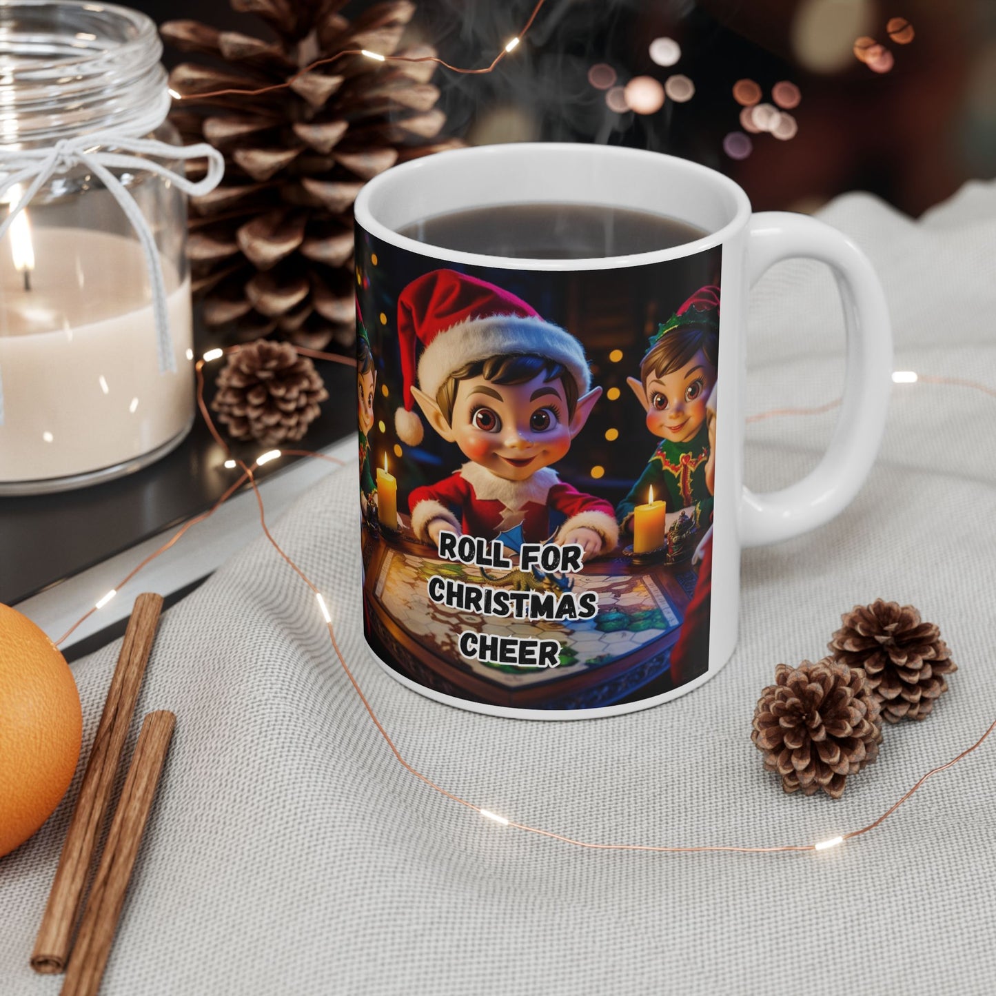 Ceramic Christmas Mug, Christmas elf playing d&d, Holiday Coffee Cup, Christmas Gift, Dungeons and Dragons Mug, 11oz